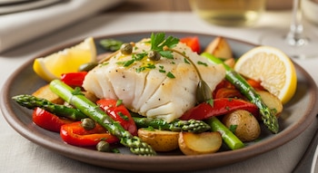 Plato de bacalao preparado con espárragos verdes, pimientos rojos, patatas pequeñas y rodajas de limón. El pescado lleva alcaparras y perejil.