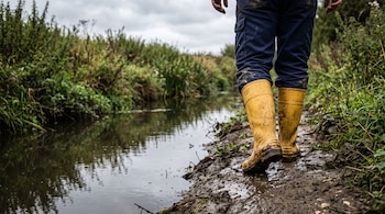 Piernas de una persona con pantalón azul y botas amarillas con barro que camina por un sendero de tierra junto a un curso de agua y vegetación.
