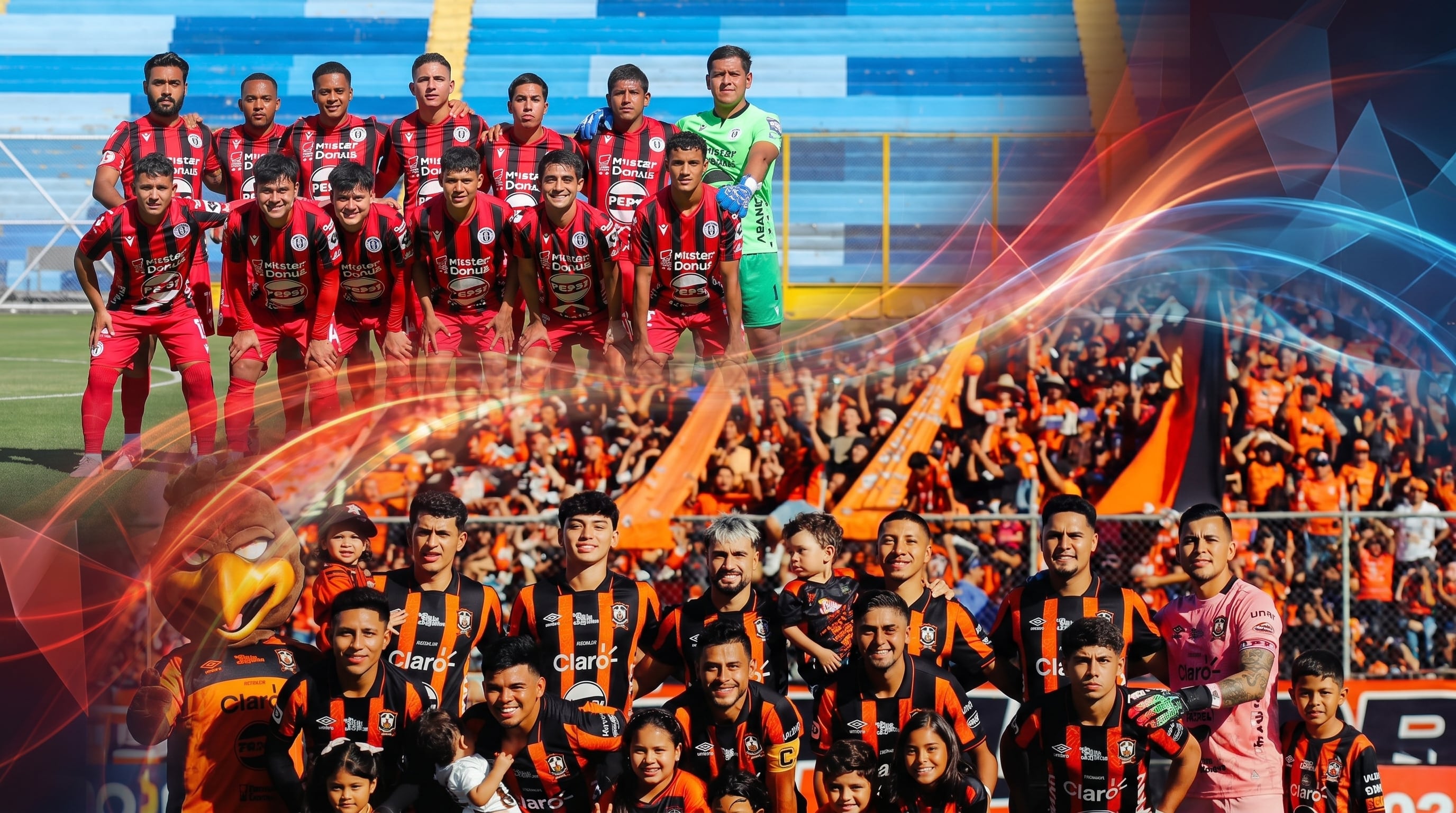 Una composición digital fusiona imágenes de dos equipos de fútbol, uno en uniformes rojos y negros y otro en naranjas y negros, junto a su afición y una mascota, con vibrantes efectos de luz. (Imagen Ilustrativa Infobae)