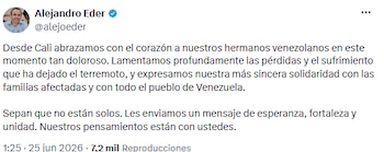 Alejandro Eder expresó apoyo desde Cali a familias venezolanas afectadas por el sismo - crédito @alejoeder/X