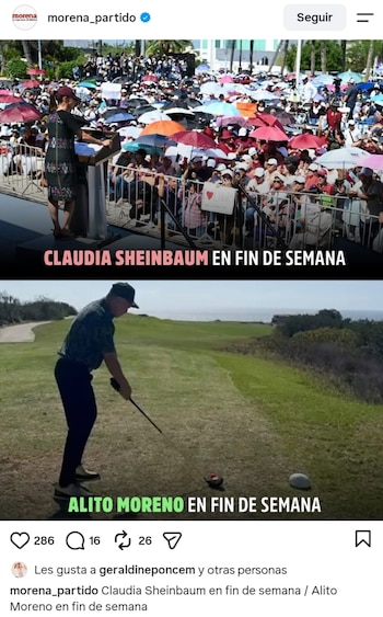 Captura de pantalla con dos imágenes: arriba Claudia Sheinbaum ante una multitud con sombrillas y abajo Alejandro Moreno jugando al golf