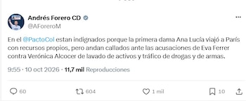 Congresista del Centro Democrático se refirió a las acusaciones en Contra de Verónica Alcocer por parte de la que era su mano derecha, Eva Ferrer - crédito @AForeroM/X