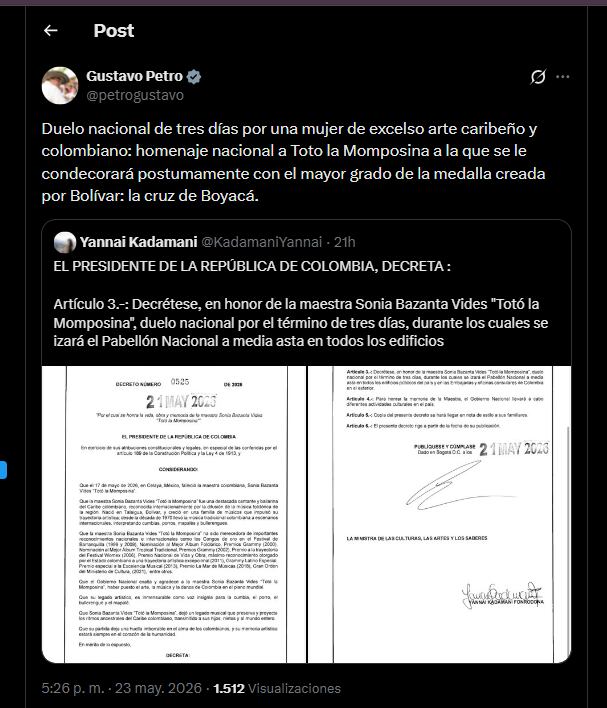 El anuncio lo hizo el mandatario a través de su cuenta de X - crédito @petrogustavo/X