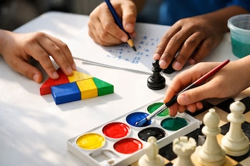 Cuatro manos infantiles sobre una mesa blanca. Hay bloques de colores, un cuaderno con fórmulas, un lápiz, un peón de ajedrez, una paleta de acuarelas y piezas de ajedrez.