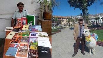 Díptico. Hombre con gorra detrás de mesa con libros, planta, estatua. Hombre con gorra junto a llama con gafas de sol y manta en un parque