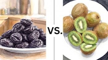 Ilustración dividida en dos secciones con el texto VS en el centro, ciruelas pasas a la izquierda y kiwis a la derecha.