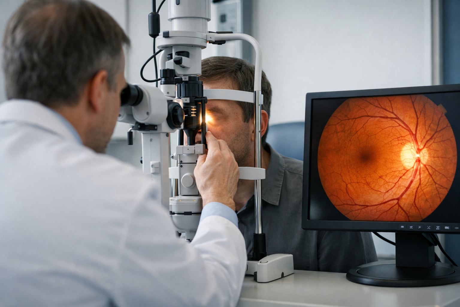 Un oftalmólogo realiza un examen de fondo de ojo a un paciente adulto utilizando una lámpara de hendidura en un consultorio, mientras una pantalla muestra la imagen ampliada del ojo. (Imagen Ilustrativa Infobae)
