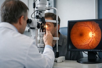 Oftalmólogo de espaldas examina el ojo de un paciente con una lámpara de hendidura. Un monitor muestra una imagen ampliada del fondo de ojo.