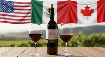 Dos copas con vino tinto y una botella de vino Malbec sobre una mesa de madera. Al fondo, las banderas de Estados Unidos, México y Canadá, y un viñedo.