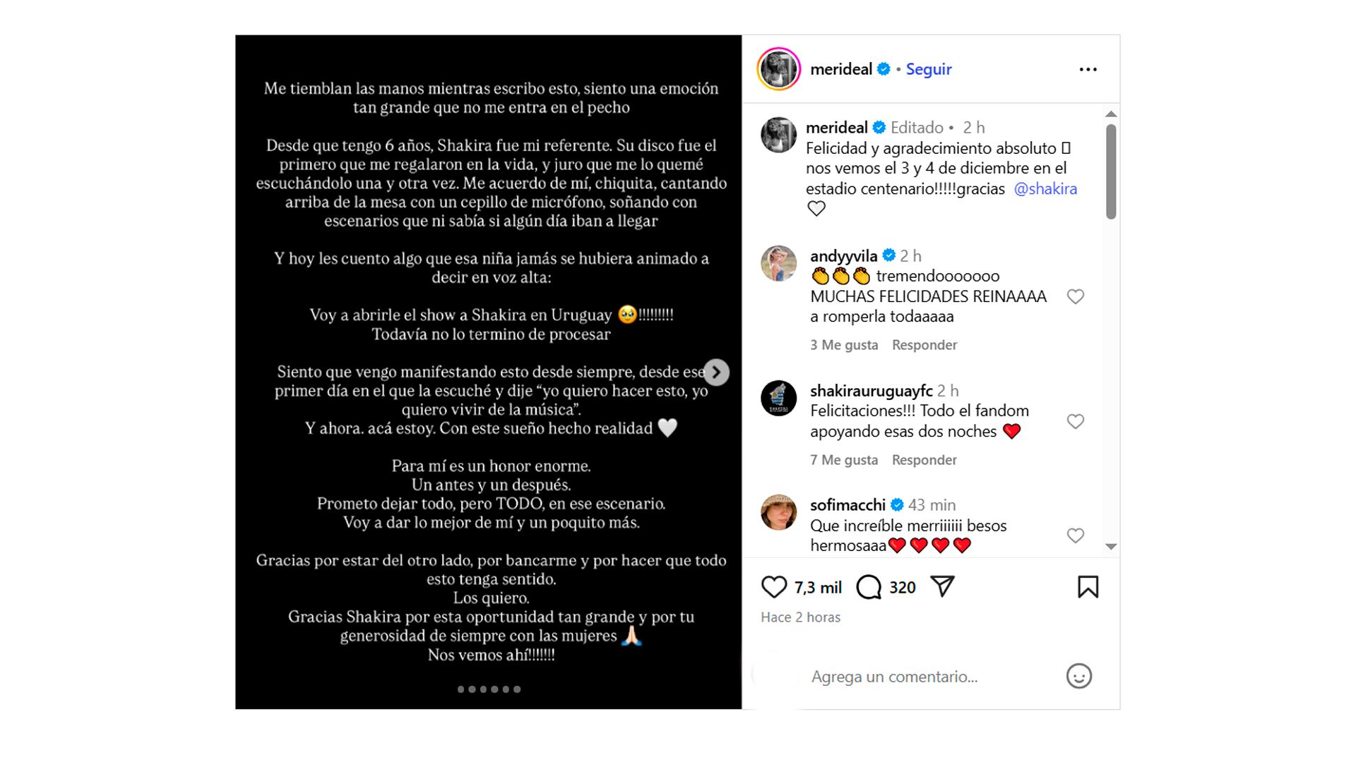 Meri Deal será la telonera de Shakira en los conciertos del 3 y 4 de diciembre en el Estadio Centenario de Montevideo