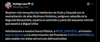 El ministro del Interior, Rodrigo Lara, señaló que alias Robinson Gutiérrez dirigía extorsiones a comunidades en Huila y Caquetá - crédito @Rodrigo_Lara_ / X