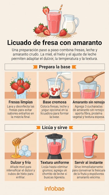 Infografía explicativa con dibujos de fresas, una licuadora, jarra de leche, miel, hielo y un vaso con licuado rosa adornado con una fruta.