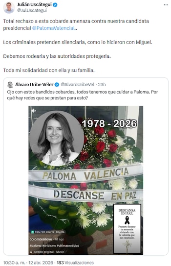 Julián Uscátegui condenó amenazas contra Paloma Valencia y exigió protección de las autoridades - crédito @JulUscategui/X
