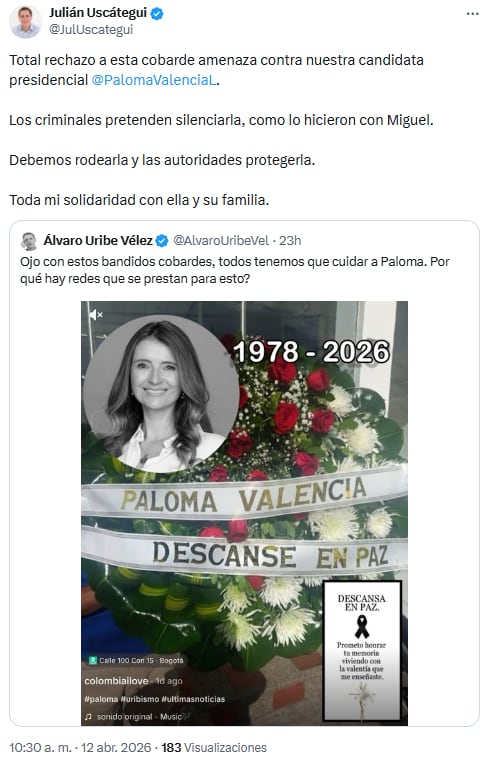 Julián Uscátegui condenó amenazas contra Paloma Valencia y exigió protección de las autoridades - crédito @JulUscategui/X