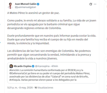 El director del Nuevo Liberalismo, Juan Manuel Galán, rechazó el asesinato del periodista Mateo Pérez - crédito @juanmanuelgalan/X