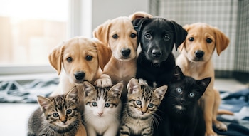Cinco cachorros (dorados y negros) y tres gatitos (rayados y negros con ojos azules) miran a cámara en un refugio de adopción iluminado naturalmente.