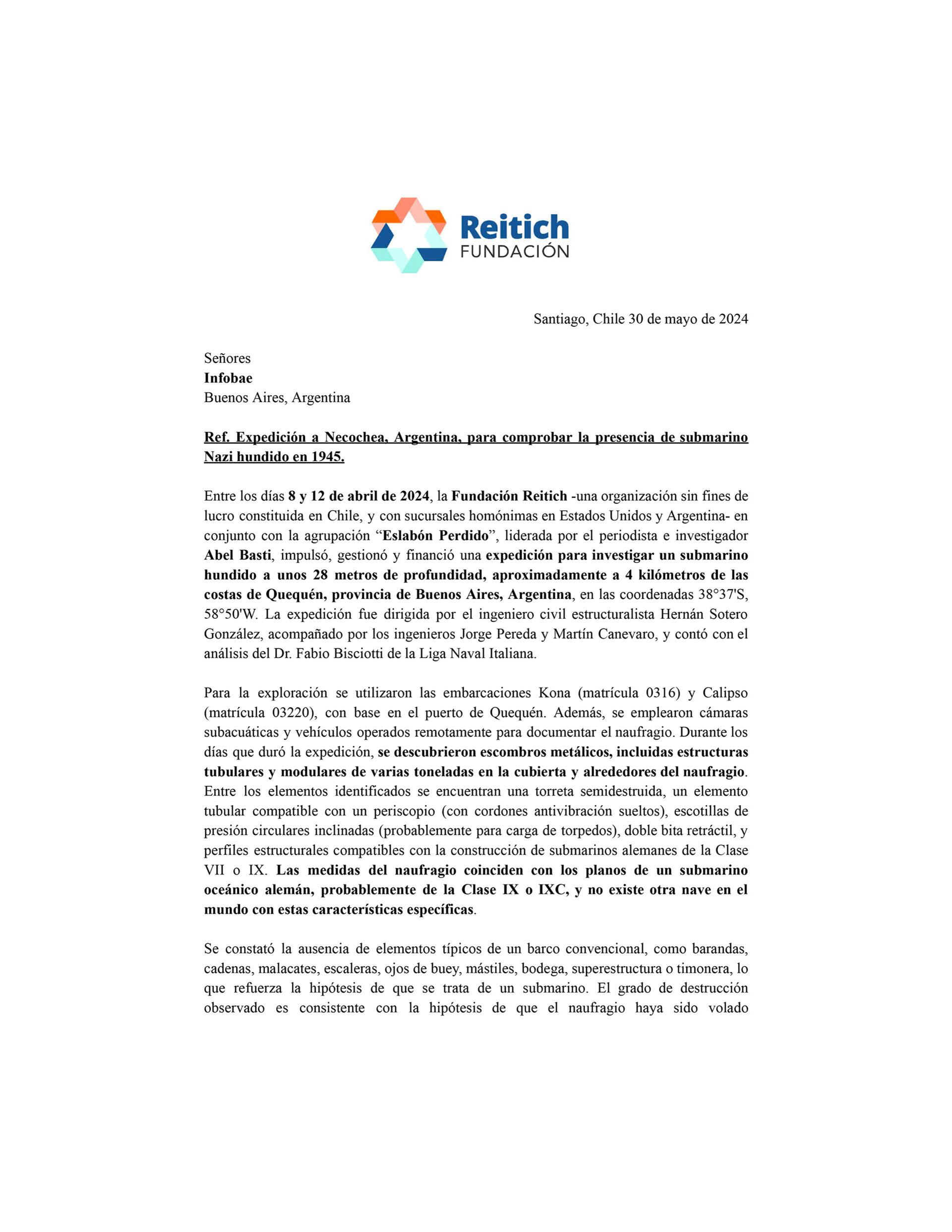 Facsímil del informe oficial de la Fundación Reitich, tras la expedición que permitió ratificar la existencia del submarino nazi hundido en Necochea