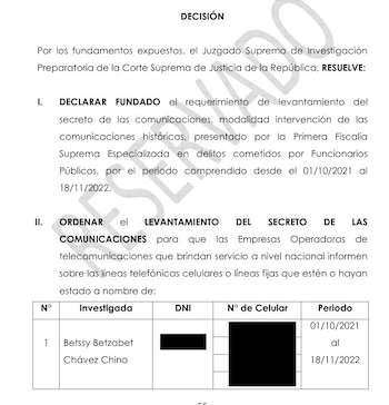 Documento judicial impreso con la marca de agua reservado y un cuadro con el nombre de Betssy Betzabet Chávez Chino con datos censurados