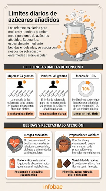 Infografía con una jarra, cubos de azúcar, cucharas, siluetas de personas, un corazón, una taza y textos informativos.