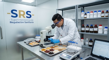 Un técnico con bata blanca y guantes azules examina muestras de alimentos secos en un microscopio dentro de un laboratorio con el logo de SRS en el fondo.