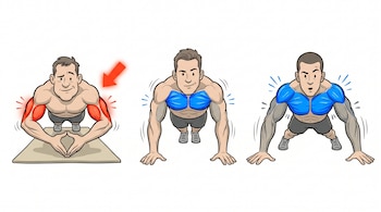 Caricatura de tres viñetas mostrando variantes de flexiones. La primera resalta tríceps en rojo, la segunda pectorales en azul, la tercera pectorales en azul.