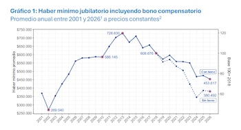 Gráfico de líneas que muestra la evolución del haber mínimo jubilatorio con y sin bono compensatorio de 2001 a 2026, con ejes de dinero y tiempo