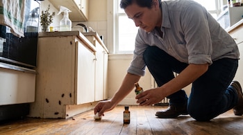 Un hombre arrodillado en una cocina. En el suelo, una botella de aceite de orégano, un algodón y varias cucarachas.