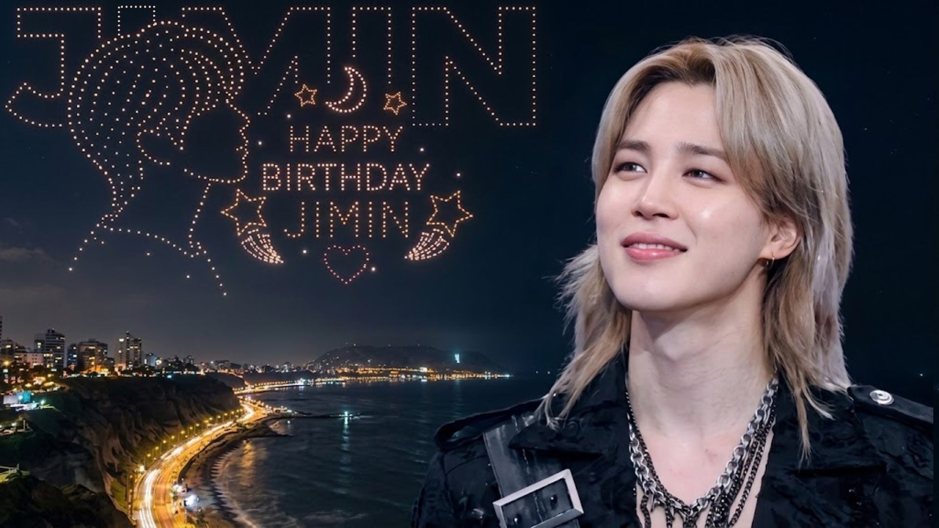 Un espectáculo de luces en el cielo nocturno celebra el cumpleaños de Jimin, integrante de la agrupación BTS, junto a una vista costera. (Infobae Perú / Analí Espinoza)