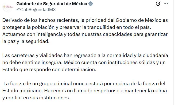 La Secretaría de Seguridad y Protección Ciudadana informó que no existen bloqueos activos en carreteras federales (Captura de pantalla)