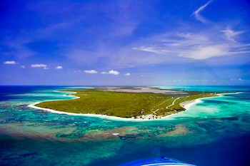 Vista aérea de la isla Anegada mostrando playas de arena blanca, arrecifes de coral visibles en aguas turquesas y vegetación densa bajo un cielo azul