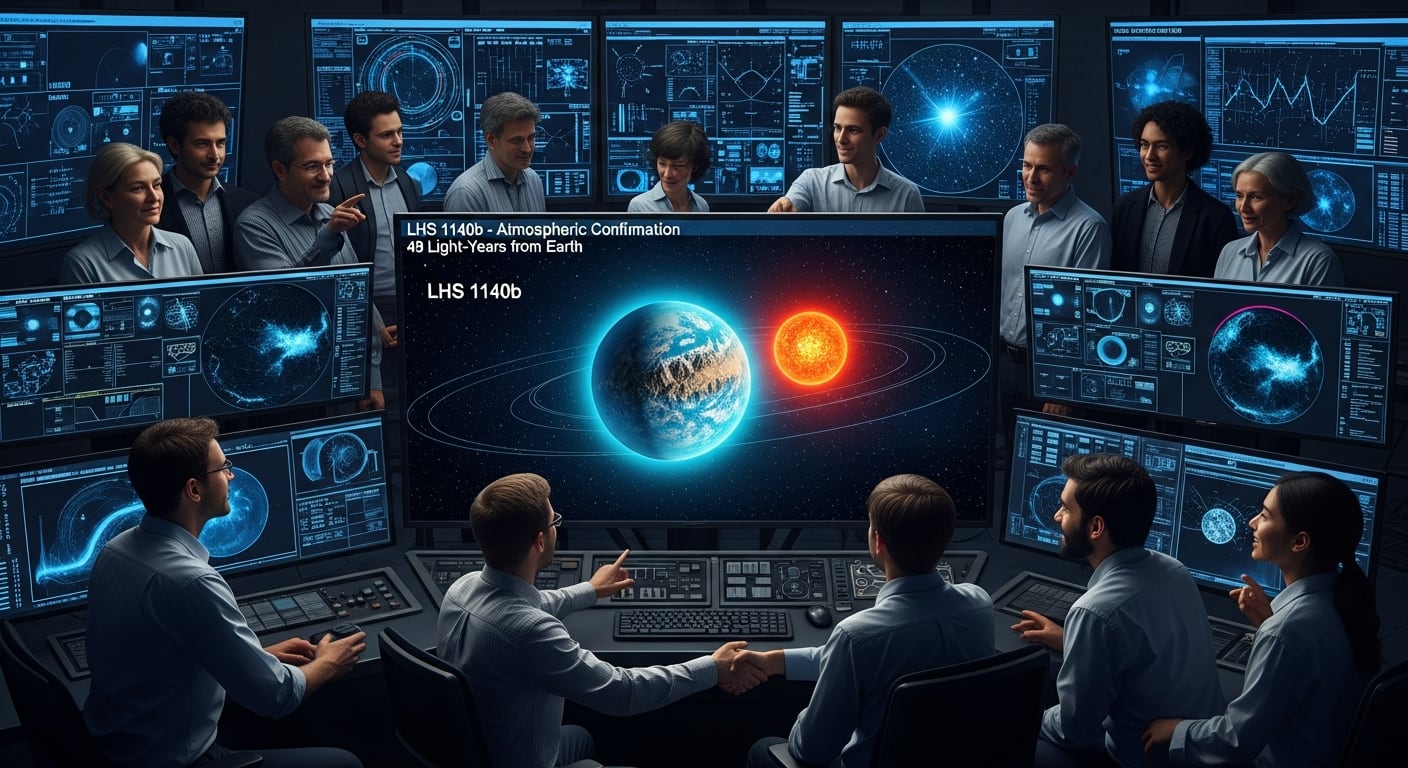 Científicos observan la confirmación de la atmósfera del exoplaneta rocoso LHS 1140b en una sala de control con múltiples pantallas de datos astronómicos. (Imagen Ilustrativa Infobae)