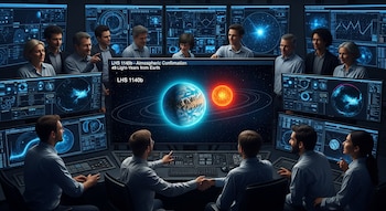 Un grupo de científicos está en una sala de control con múltiples pantallas que exhiben datos. Una pantalla central grande ilustra un planeta azul, una estrella naranja y texto descriptivo.