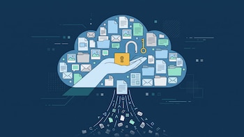 Nube digital con íconos de documentos, carpetas, correos, fotos y videos. Una mano sujeta un candado abierto y una llave. Datos e íconos descienden de la nube