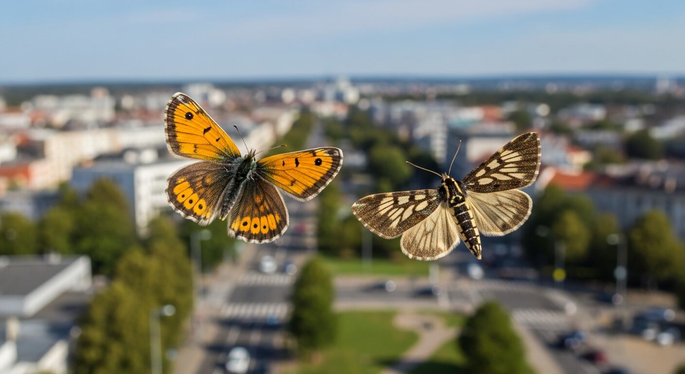 Dos mariposas vuelan en primer plano sobre una ciudad difuminada, destacando la convivencia de la naturaleza y el entorno urbano. El contraste entre las alas naranjas y negras de una mariposa y las alas blancas y marrones de la otra resalta la diversidad de especies que pueden hallarse incluso en paisajes metropolitanos. (Imagen Ilustrativa Infobae)