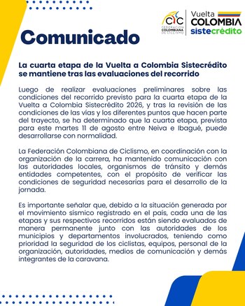 La cuarta etapa de la Vuelta a Colombia Sistecrédito 2026 se correrá con normalidad este 11 de agosto entre Neiva e Ibagué-crédito Federación Colombiana de Ciclismo