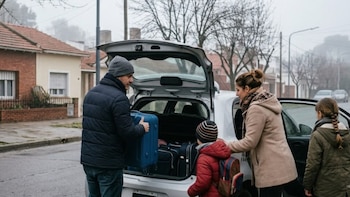 Hombre, mujer, niño y niña cargan maletas en el baúl de un coche gris en una calle residencial con casas y árboles desnudos