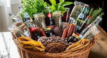 Primer plano de una canasta de mimbre llena de botellas de agua mineral y gaseosa, embutidos, bolsas de plantas, granos de cacao y hebras de tabaco.