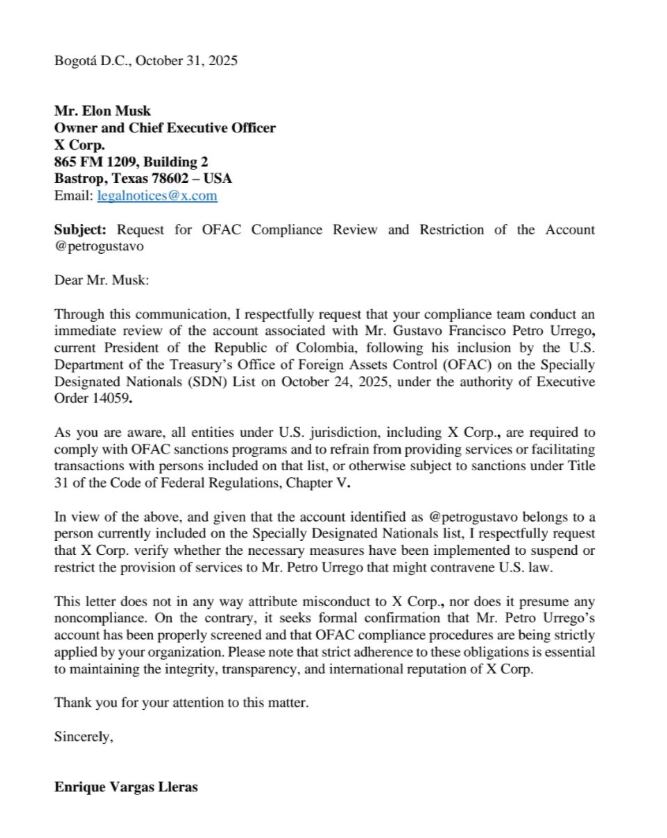 Enrique Vargas Lleras pidió a Elon Musk revisar sus políticas sobre la continuidad de la cuenta de Gustavo Petro - red social X