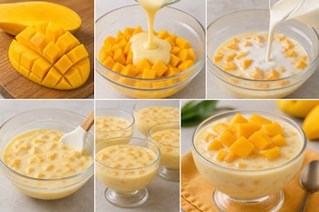 Seis fotos con mango en cubos, vertido de líquidos en cuencos de vidrio, mezcla con espátula y presentación final del postre.
