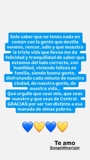 El posteo de Jorgelina Cardoso para Ángel Di María