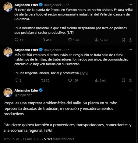 El alcalde de Cali, Alejandro Éder, lamentó el cierre, calificándolo como una