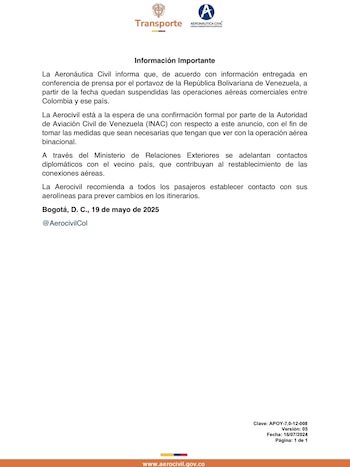 La Aerocivil anunció que efectivamente