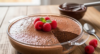 Un tazón de vidrio lleno de mousse de chocolate espolvoreado con cacao en polvo, decorado con frambuesas y una hoja de menta, sobre una mesa de madera. Se ha retirado una porción.