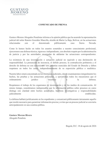 La defensa de Moreno señaló que la presunción de inocencia, el derecho de defensa, el debido proceso y la contradicción probatoria son garantías que deben respetarse durante toda actuación judicial - crédito @GustavoMorenoRi/X