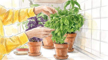 Ilustración en acuarela de unas manos junto a macetas de barro con plantas de albahaca sobre la encimera blanca de una cocina.