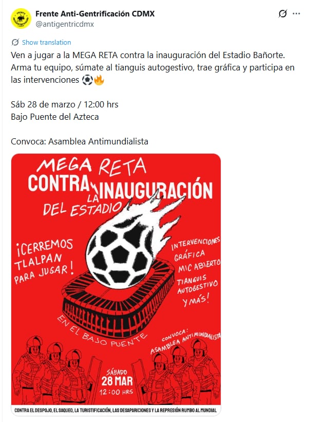 La manifestación buscaría cerrar la calzada que conecta al Estadio. (X/@antigentricdmx)