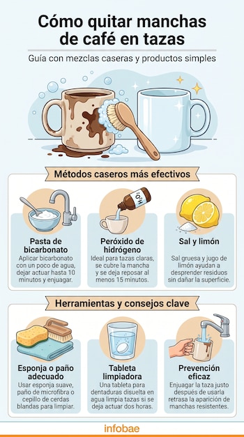 Infografía con dos tazas, una sucia y una limpia, brocha de limpieza, burbujas. Ilustra bicarbonato, peróxido de hidrógeno, limones, sal, esponja, paño y tableta.