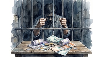 Hombre detrás de barrotes de prisión con billetes y monedas sobre una mesa de madera.