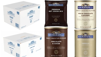 Surtido de Ghirardelli: cajas de mezcla para frappé, bolsa de cacao caliente y botes de polvo (chocolate, chocolate blanco, vainilla)