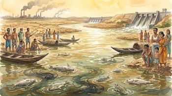 Ilustración: río tropical turbio, peces muertos flotando, personas preocupadas en las orillas, botes, una represa y fábricas humeantes a la distancia.